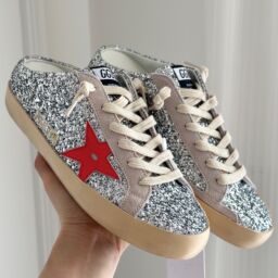 Super-Star Sabots in silver glitter with red leather star – Replica